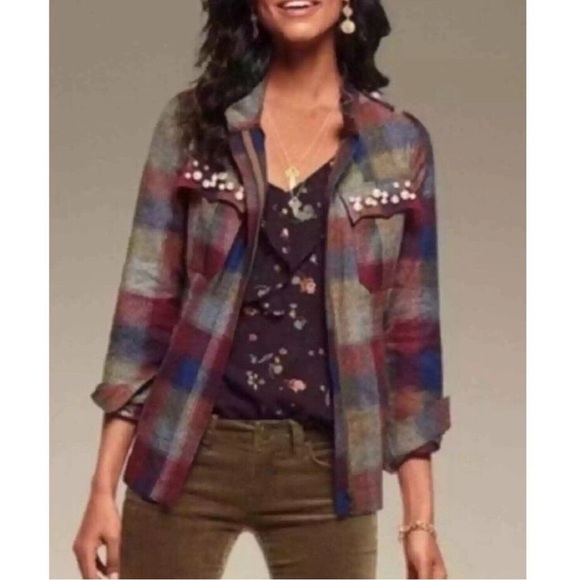 CAbi Style 3555 Collage Plaid Pearl Shacket Jacket - Picture 1 of 16